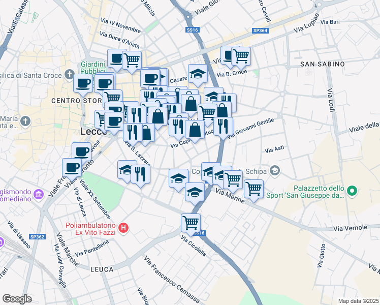 map of restaurants, bars, coffee shops, grocery stores, and more near 5 Via Tito Minniti in Lecce