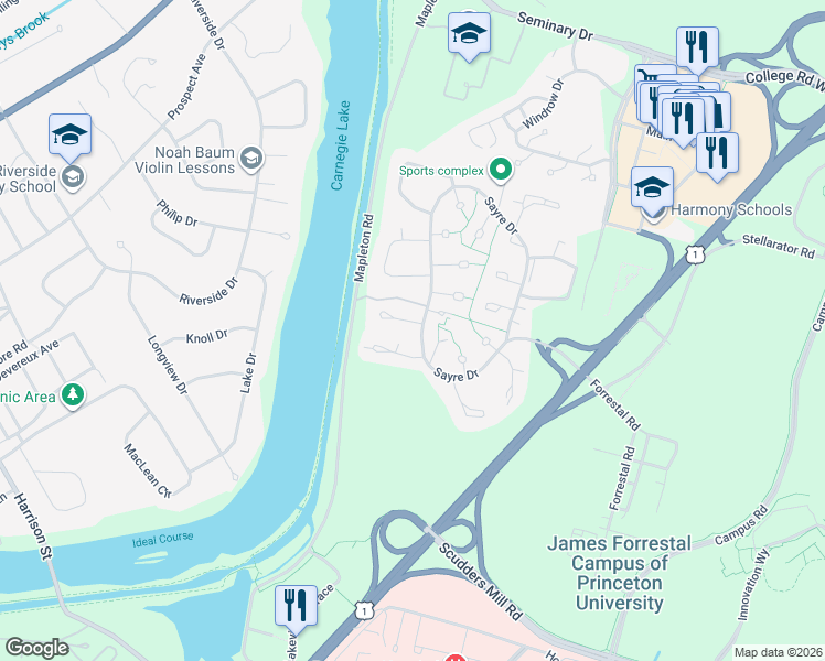 map of restaurants, bars, coffee shops, grocery stores, and more near 402 Sayre Drive in Princeton