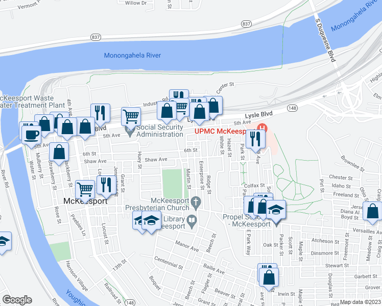 map of restaurants, bars, coffee shops, grocery stores, and more near 602 Union Avenue in McKeesport