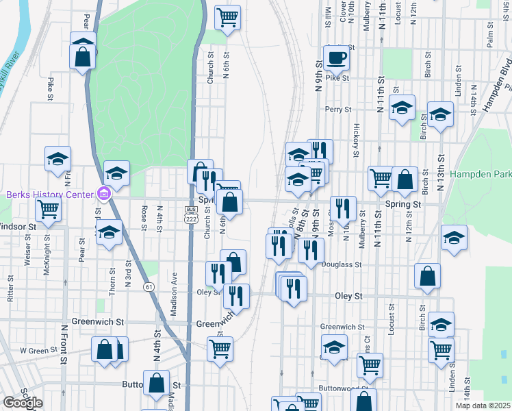 map of restaurants, bars, coffee shops, grocery stores, and more near 650 Spring Street in Reading