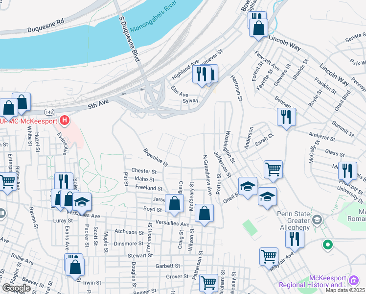 map of restaurants, bars, coffee shops, grocery stores, and more near 27-41 Crawford Village in McKeesport