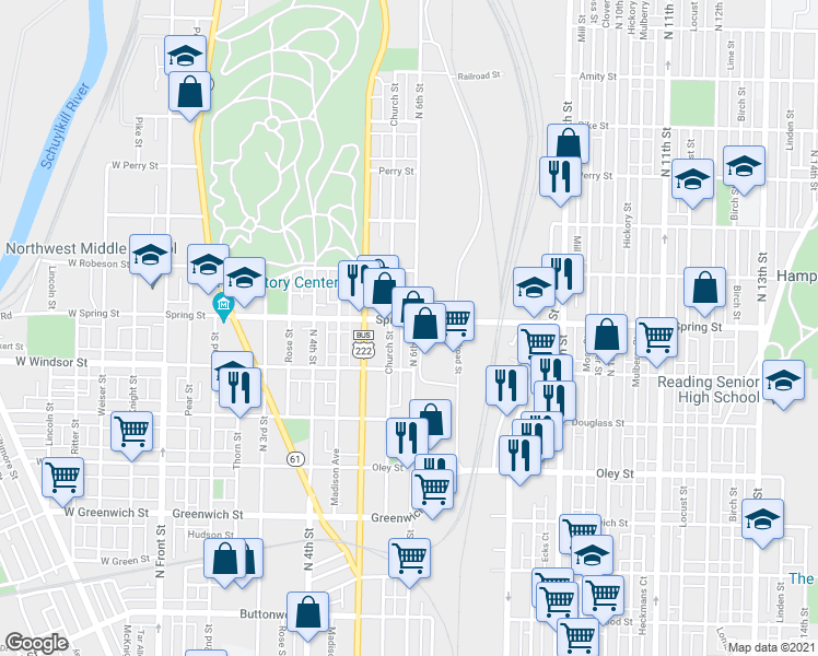 map of restaurants, bars, coffee shops, grocery stores, and more near 944 North 6th Street in Reading