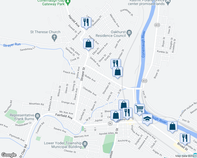 map of restaurants, bars, coffee shops, grocery stores, and more near 307 Garfield Street in Johnstown