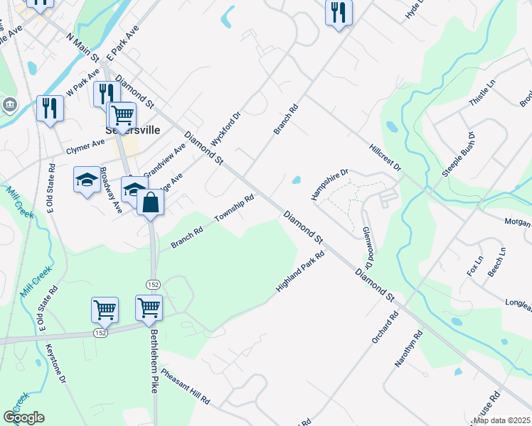map of restaurants, bars, coffee shops, grocery stores, and more near 702 Diamond Street in Sellersville