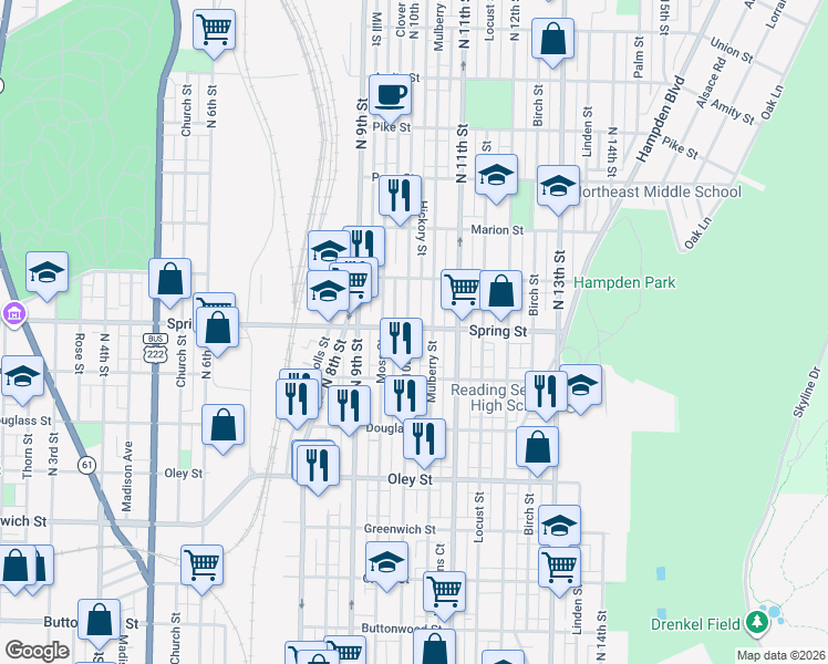 map of restaurants, bars, coffee shops, grocery stores, and more near 961 North 10th Street in Reading