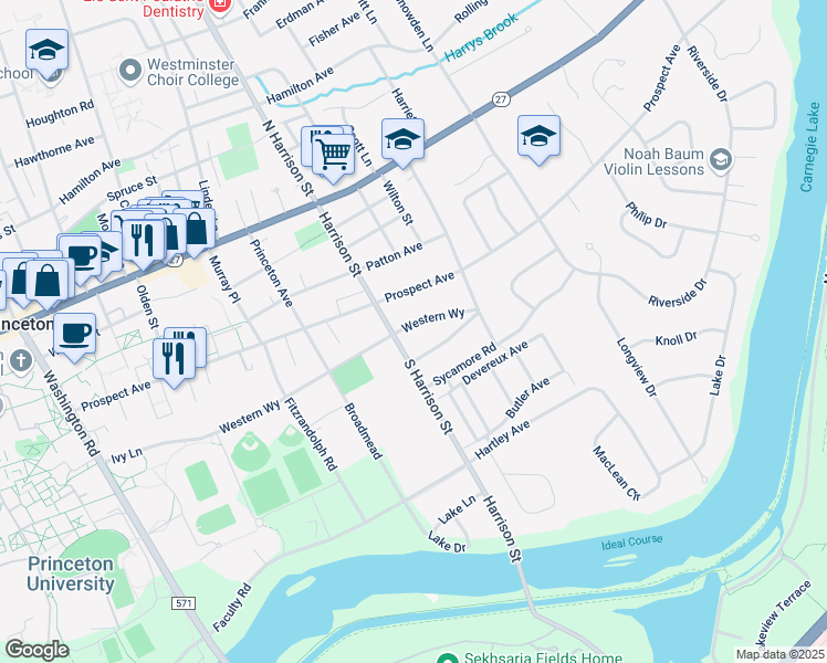 map of restaurants, bars, coffee shops, grocery stores, and more near 273 Western Way in Princeton
