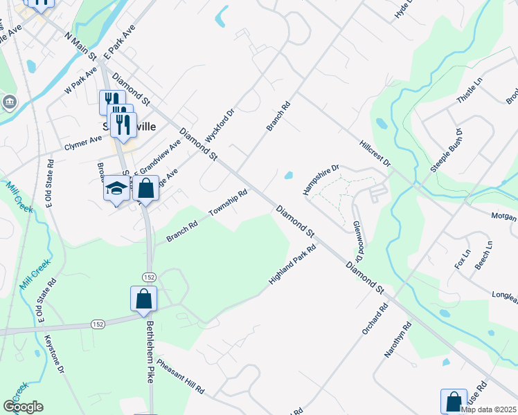 map of restaurants, bars, coffee shops, grocery stores, and more near 702 Diamond Street in Sellersville
