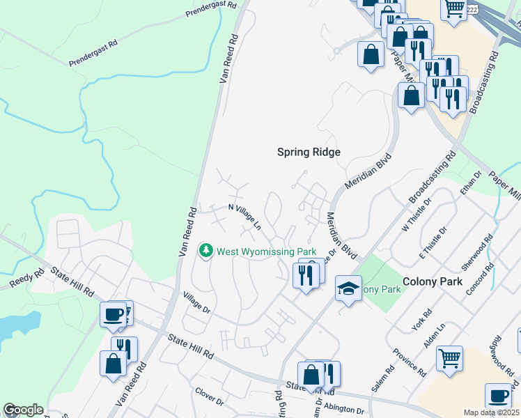 map of restaurants, bars, coffee shops, grocery stores, and more near 114 Hickory Lane in Wyomissing