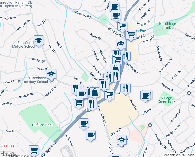 map of restaurants, bars, coffee shops, grocery stores, and more near 96 Bartley Road in Pittsburgh