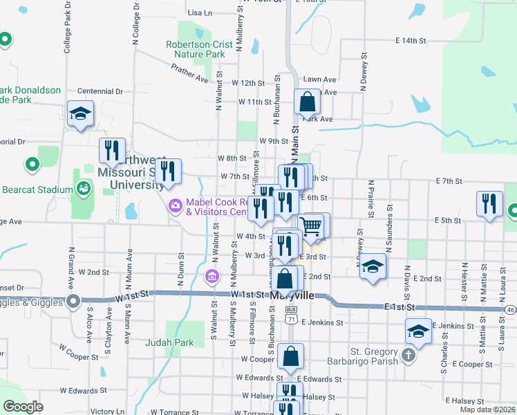 map of restaurants, bars, coffee shops, grocery stores, and more near 507 North Fillmore Street in Maryville