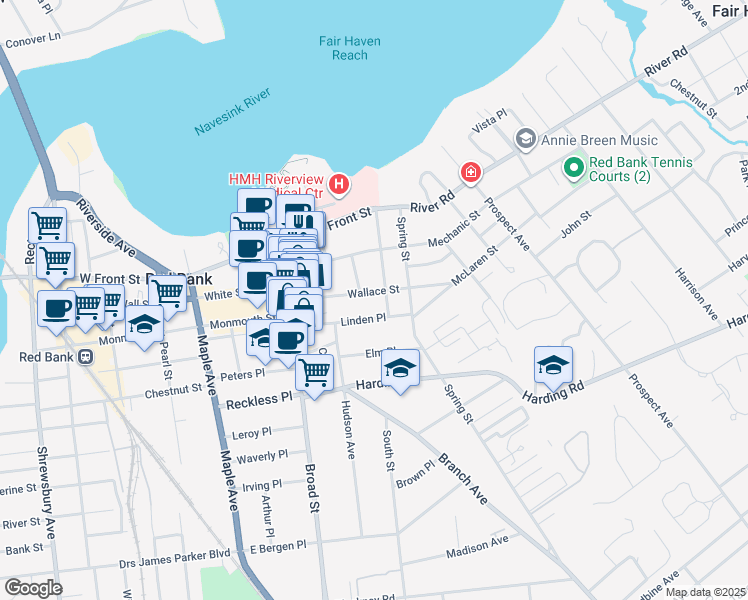 map of restaurants, bars, coffee shops, grocery stores, and more near 60 Wallace Street in Red Bank