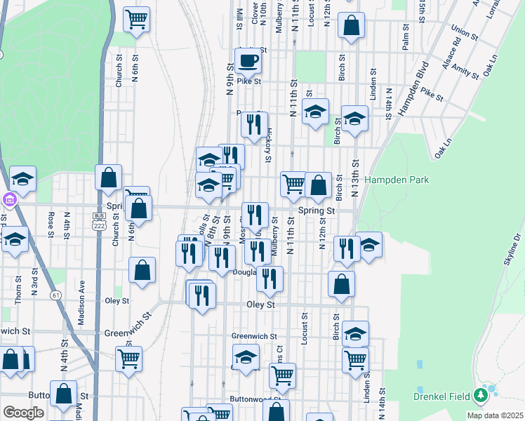 map of restaurants, bars, coffee shops, grocery stores, and more near 950 North 10th Street in Reading