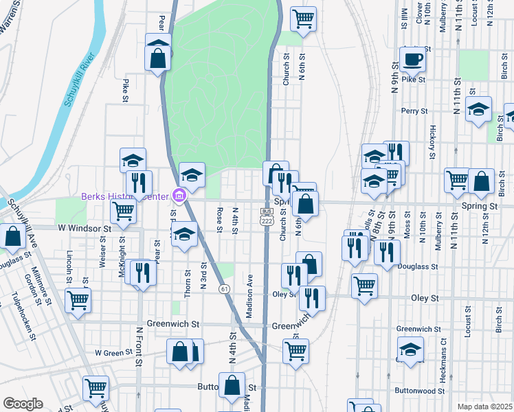 map of restaurants, bars, coffee shops, grocery stores, and more near 944 Madison Avenue in Reading