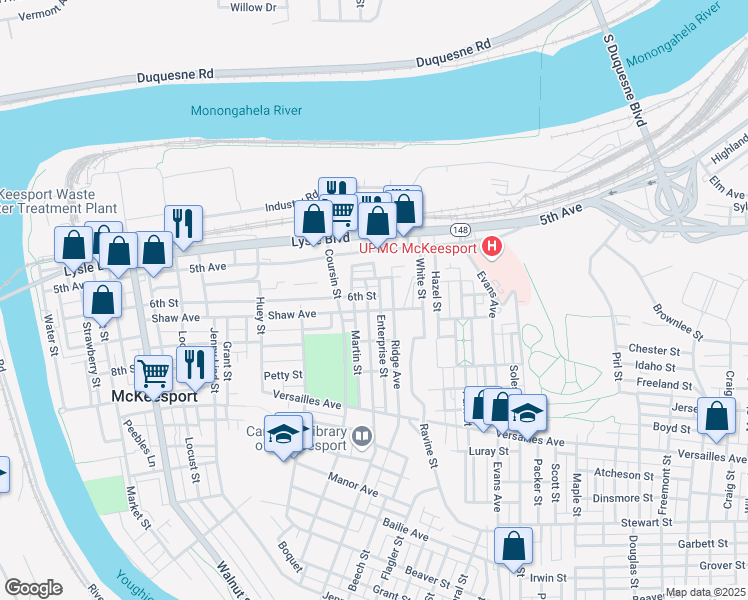 map of restaurants, bars, coffee shops, grocery stores, and more near 1619 Shaw Avenue in McKeesport