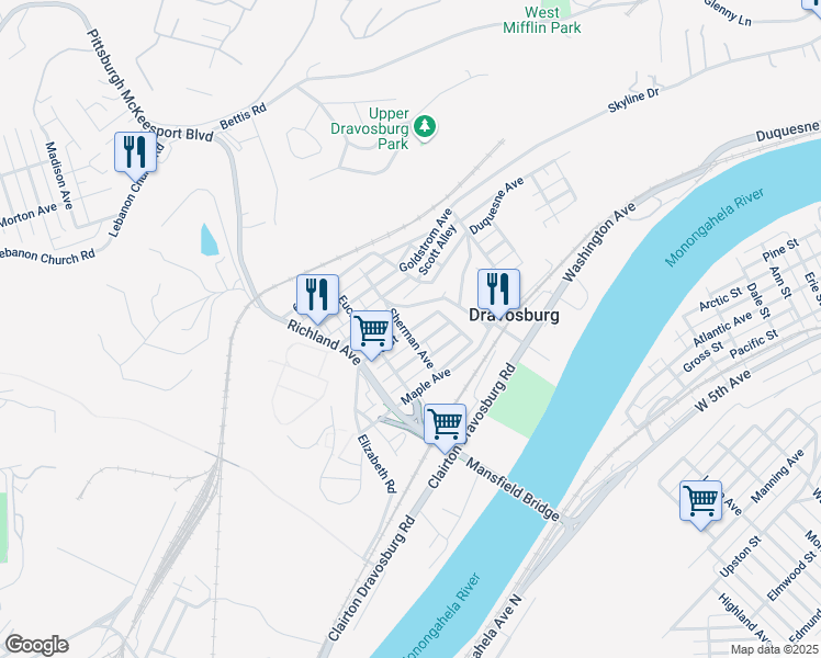 map of restaurants, bars, coffee shops, grocery stores, and more near 22 2nd Street in Dravosburg