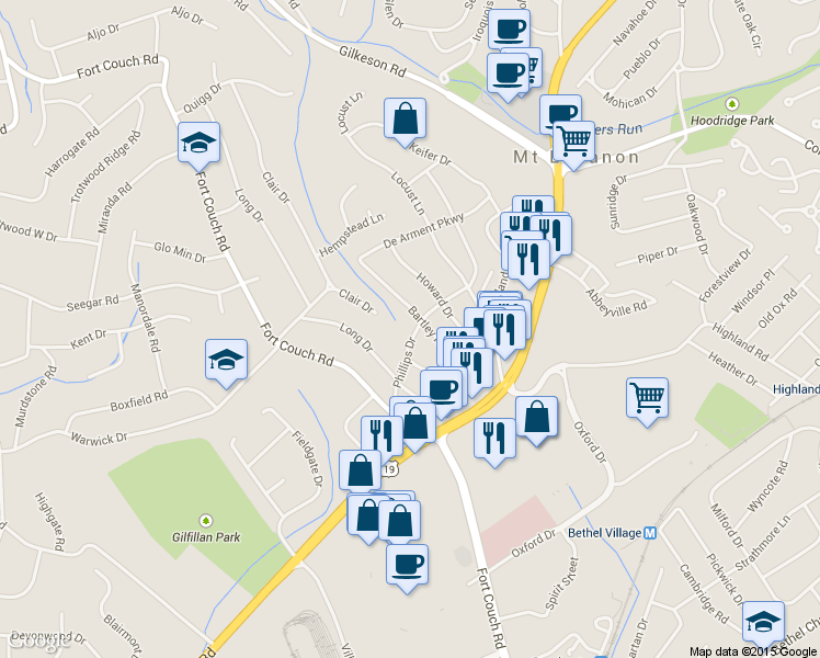 map of restaurants, bars, coffee shops, grocery stores, and more near 211 Phillips Drive in Pittsburgh