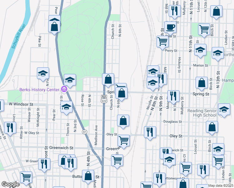 map of restaurants, bars, coffee shops, grocery stores, and more near 946 North 6th Street in Reading