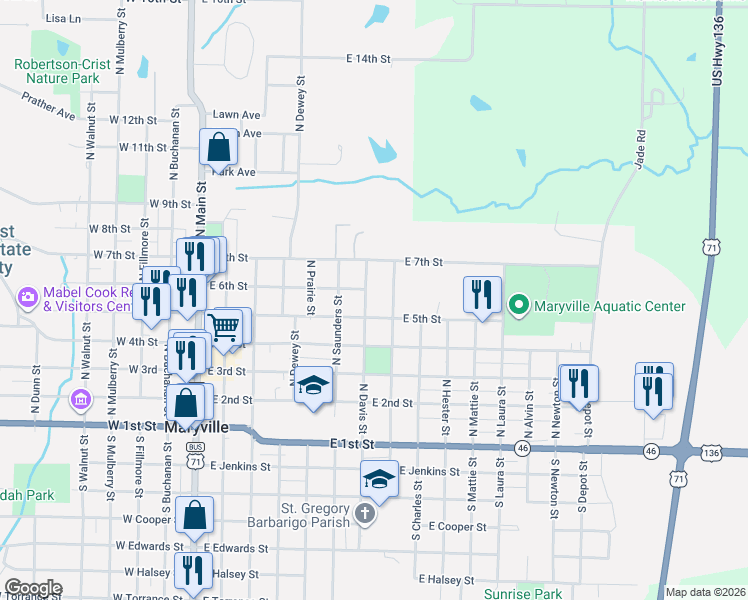map of restaurants, bars, coffee shops, grocery stores, and more near 623 East 5th Street in Maryville
