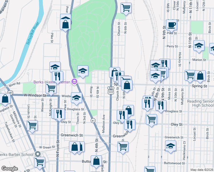 map of restaurants, bars, coffee shops, grocery stores, and more near 436 Spring Street in Reading