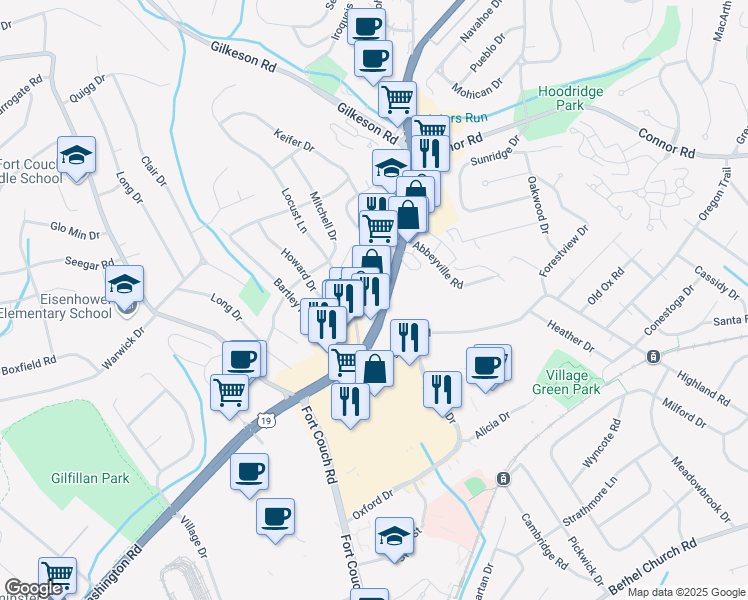 map of restaurants, bars, coffee shops, grocery stores, and more near 1680 Washington Road in Pittsburgh