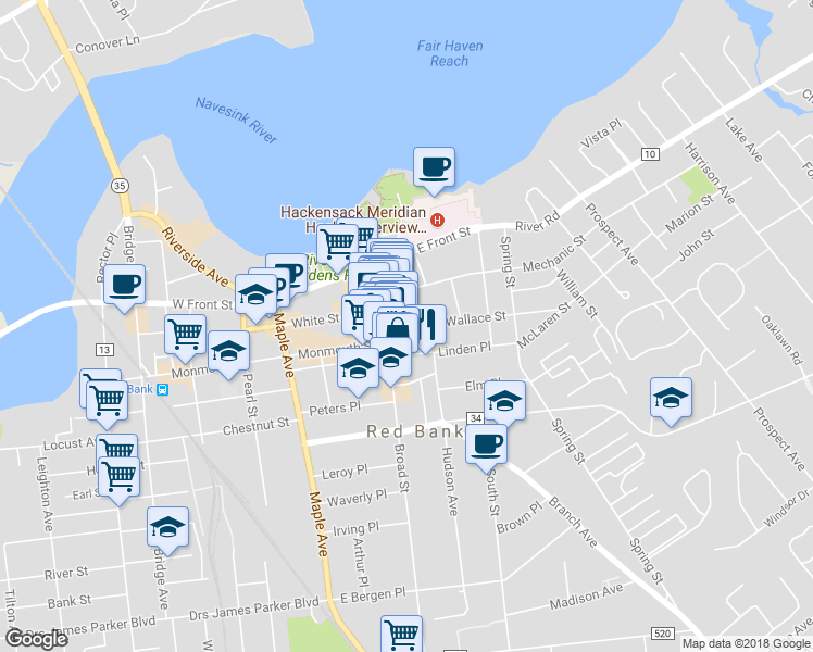 map of restaurants, bars, coffee shops, grocery stores, and more near 16 Wallace Street in Red Bank