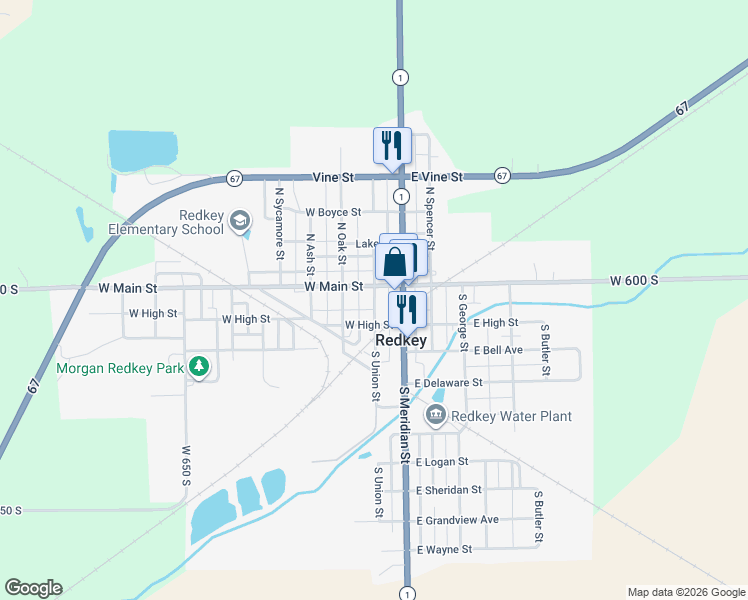 map of restaurants, bars, coffee shops, grocery stores, and more near 23 South Union Street in Redkey