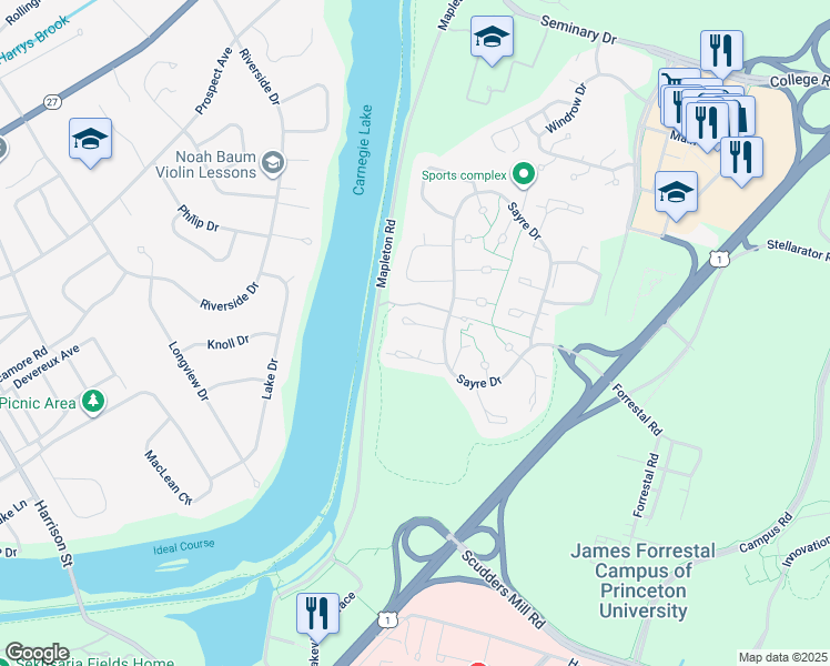 map of restaurants, bars, coffee shops, grocery stores, and more near 407 Sayre Drive in Princeton