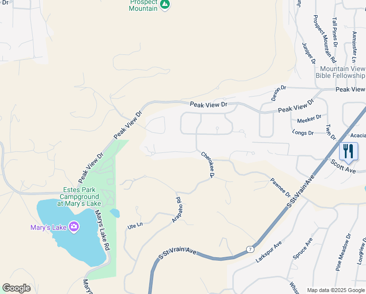 map of restaurants, bars, coffee shops, grocery stores, and more near 175 Indian Trail in Estes Park