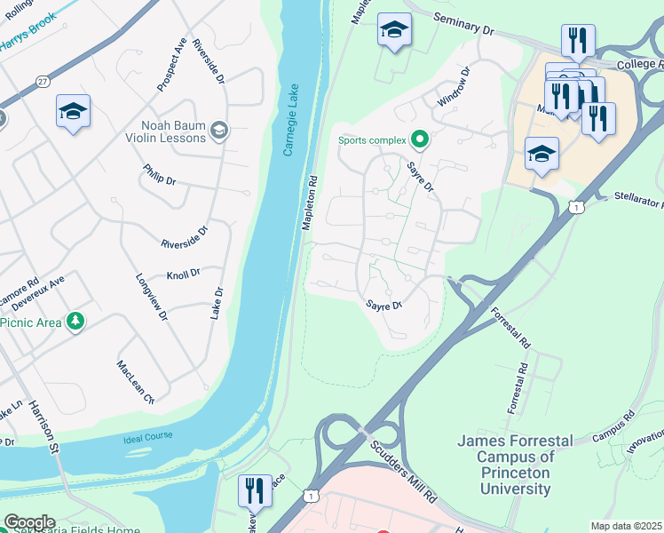map of restaurants, bars, coffee shops, grocery stores, and more near 407 Sayre Drive in Princeton