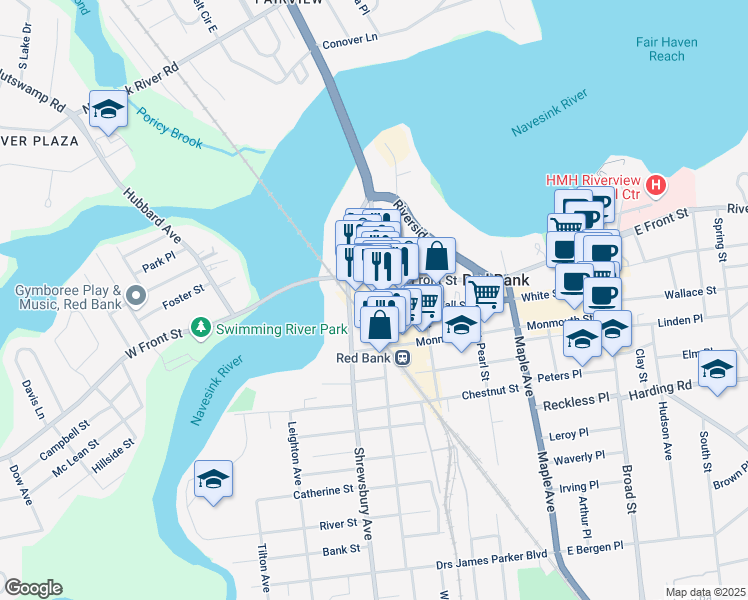 map of restaurants, bars, coffee shops, grocery stores, and more near 2 Bridge Avenue in Red Bank