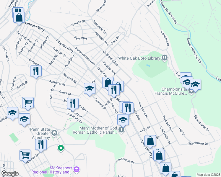 map of restaurants, bars, coffee shops, grocery stores, and more near 1420 Lincoln Way in White Oak