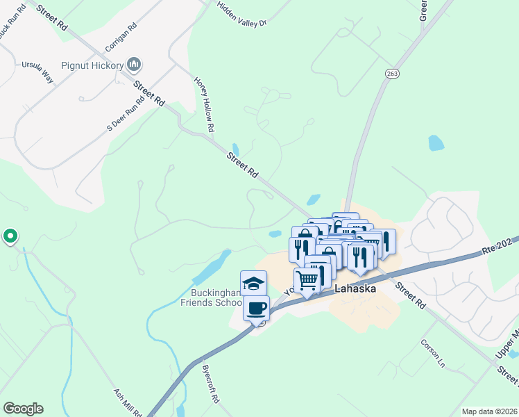 map of restaurants, bars, coffee shops, grocery stores, and more near 5833 Hickory Hollow Lane in Doylestown