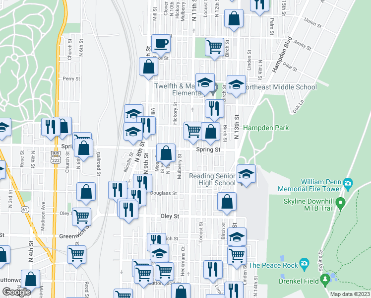 map of restaurants, bars, coffee shops, grocery stores, and more near 1042 Spring Street in Reading
