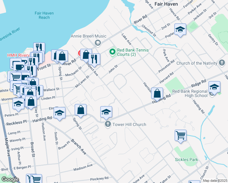 map of restaurants, bars, coffee shops, grocery stores, and more near 141 Prospect Avenue in Red Bank