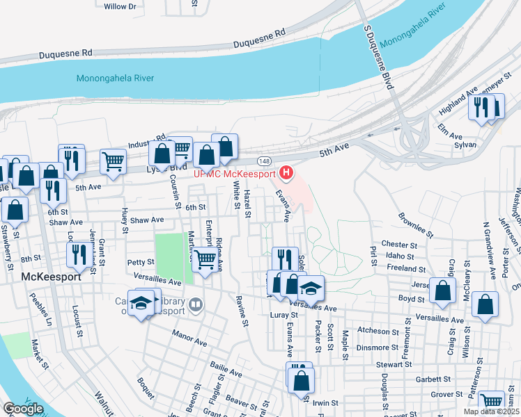 map of restaurants, bars, coffee shops, grocery stores, and more near 606 Park Street in McKeesport