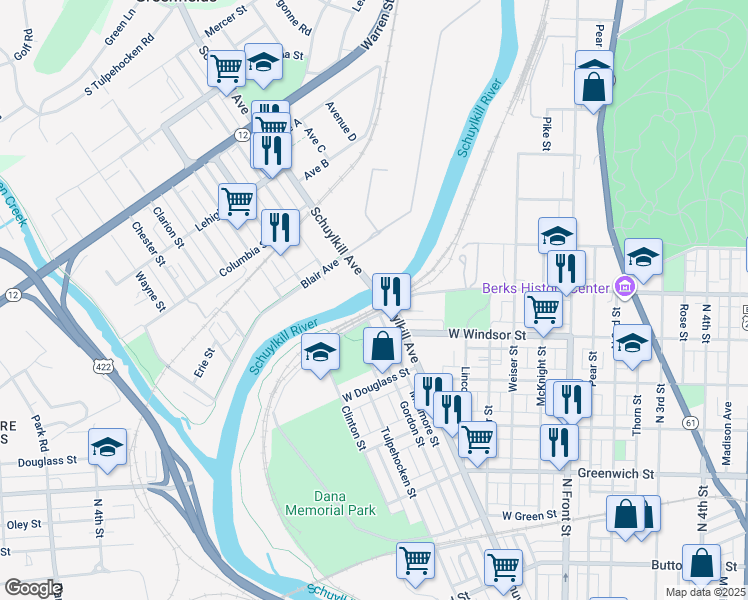 map of restaurants, bars, coffee shops, grocery stores, and more near 701 Greenwich Street in Wyomissing