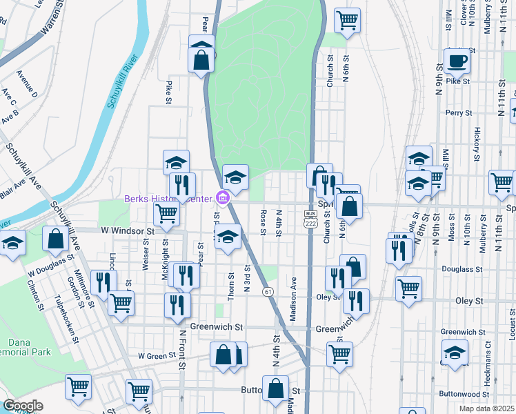 map of restaurants, bars, coffee shops, grocery stores, and more near 929 North 3rd Street in Reading