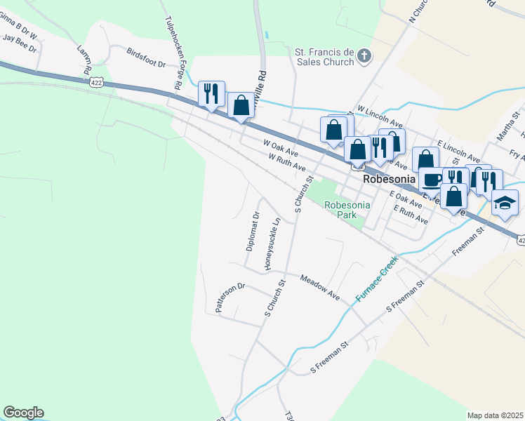 map of restaurants, bars, coffee shops, grocery stores, and more near 218 Smokering Drive in Robesonia