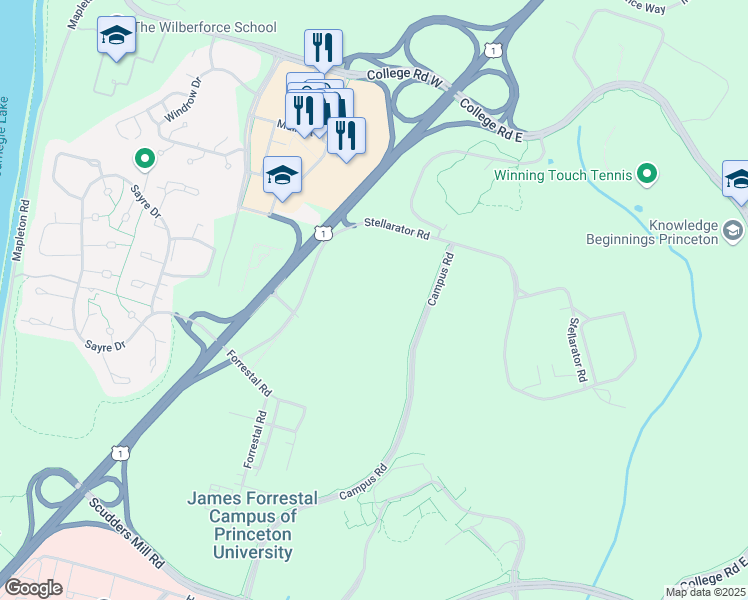 map of restaurants, bars, coffee shops, grocery stores, and more near 1100 Campus Road in Princeton