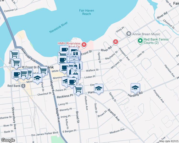 map of restaurants, bars, coffee shops, grocery stores, and more near 60 Wallace Street in Red Bank