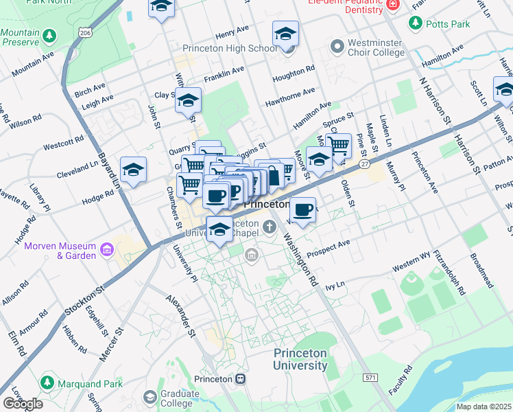 map of restaurants, bars, coffee shops, grocery stores, and more near 138 Nassau Street in Princeton