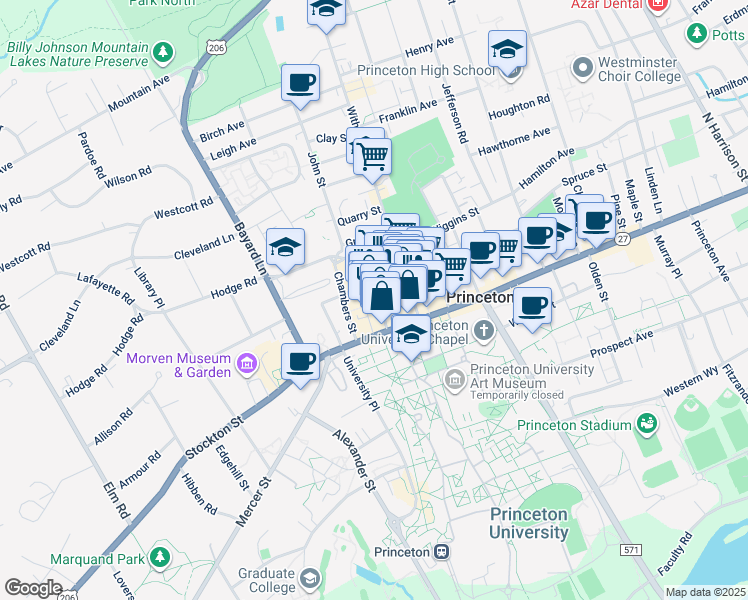 map of restaurants, bars, coffee shops, grocery stores, and more near 1 Palmer Square East in Princeton