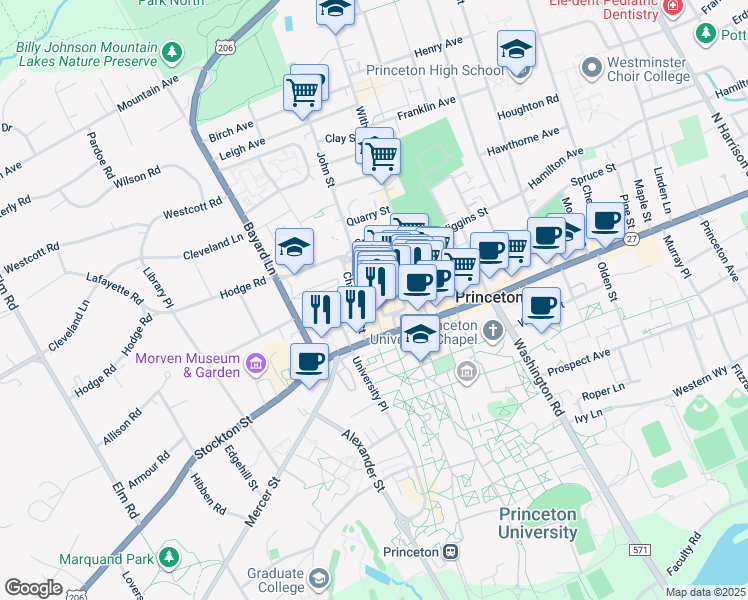 map of restaurants, bars, coffee shops, grocery stores, and more near 21 Chambers Street in Princeton