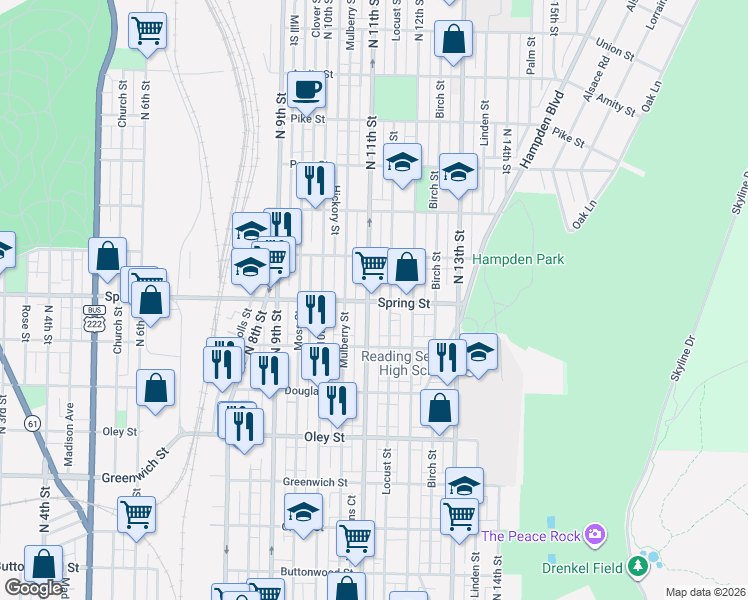map of restaurants, bars, coffee shops, grocery stores, and more near 1118 Spring Street in Reading
