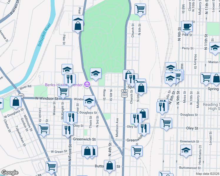 map of restaurants, bars, coffee shops, grocery stores, and more near 931 Rose Street in Reading