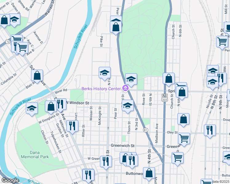 map of restaurants, bars, coffee shops, grocery stores, and more near 932 Pear Street in Reading