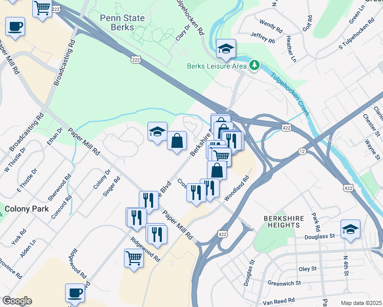 map of restaurants, bars, coffee shops, grocery stores, and more near 845 Berkshire Boulevard in Wyomissing