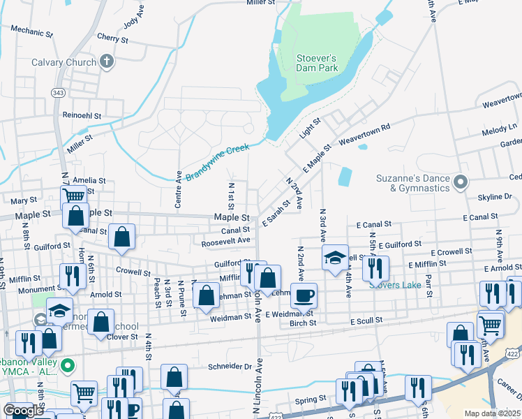 map of restaurants, bars, coffee shops, grocery stores, and more near 7 Maple Street in Lebanon