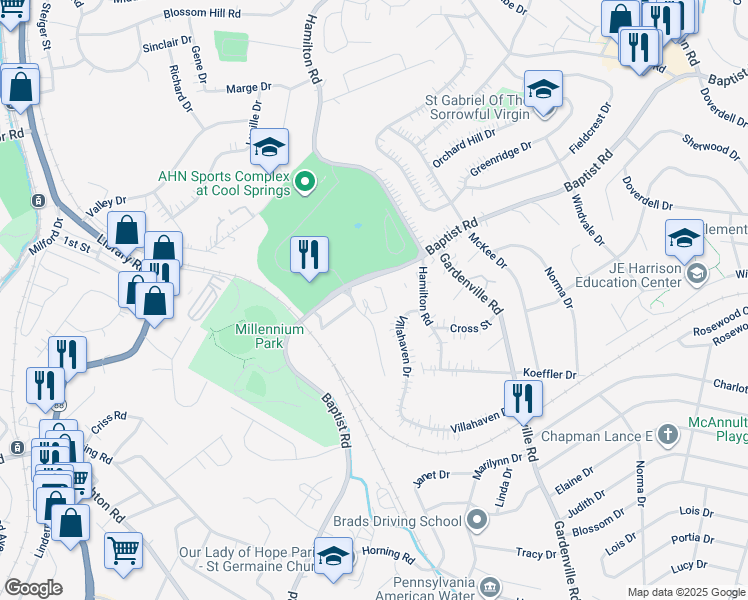 map of restaurants, bars, coffee shops, grocery stores, and more near 5746 Villahaven Drive in Pittsburgh
