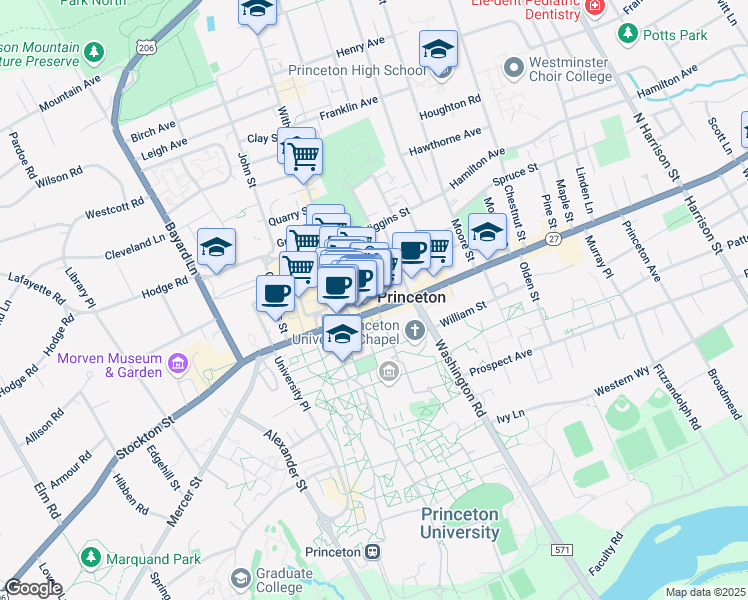map of restaurants, bars, coffee shops, grocery stores, and more near 100 New Jersey 27 in Princeton